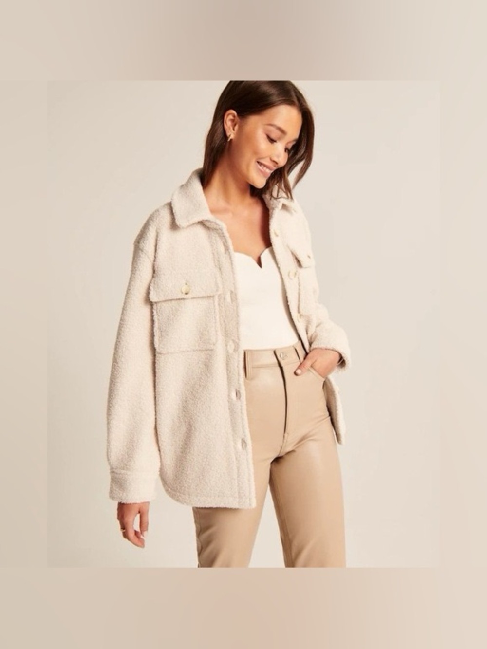 Abercrombie & Fitch Shacket Shirt Jacket Womens XS Cream Sherpa Fleece Lined - Picture 6 of 6